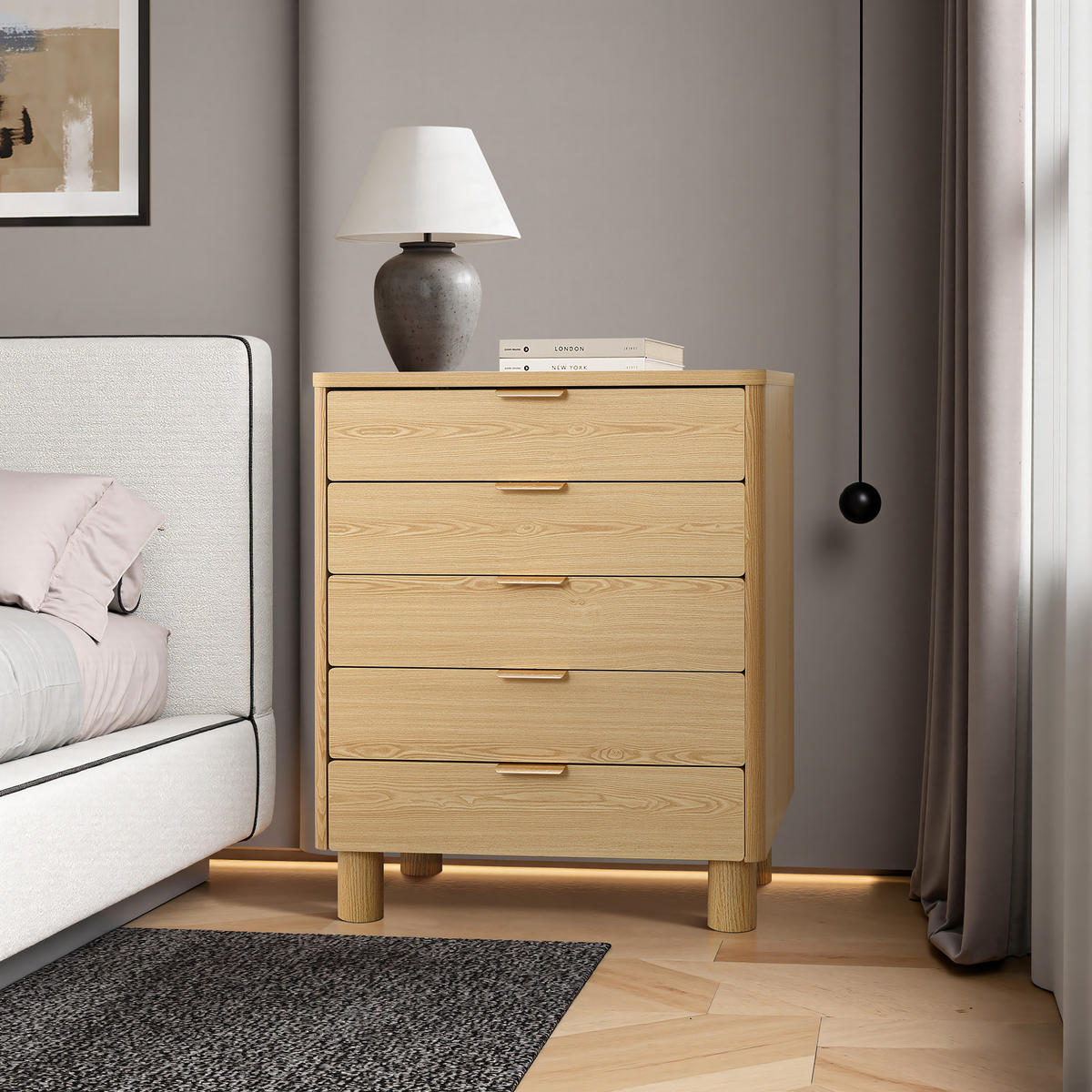 MODERNE Kommode mit fünf Schubladen, Eichenholzoptik, MDF | B 40 cm x T 50 cm x H 95 cm - Gelb/Hellgelb, Holz (40/95/80cm) - Hometopia