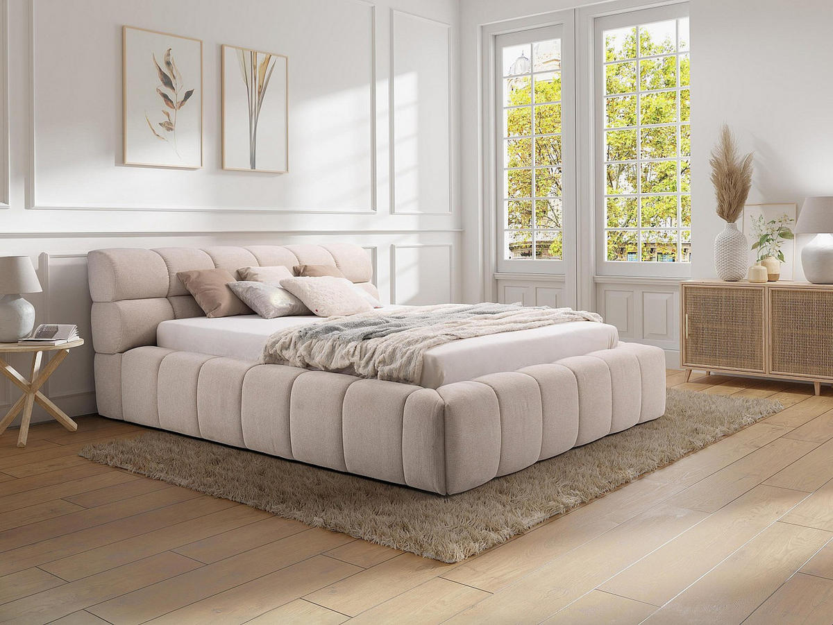 BETT mit Bettkasten - 2 Personen - Stoff - Beige - - Beige, Textil (200/200cm) - Vente-Unique