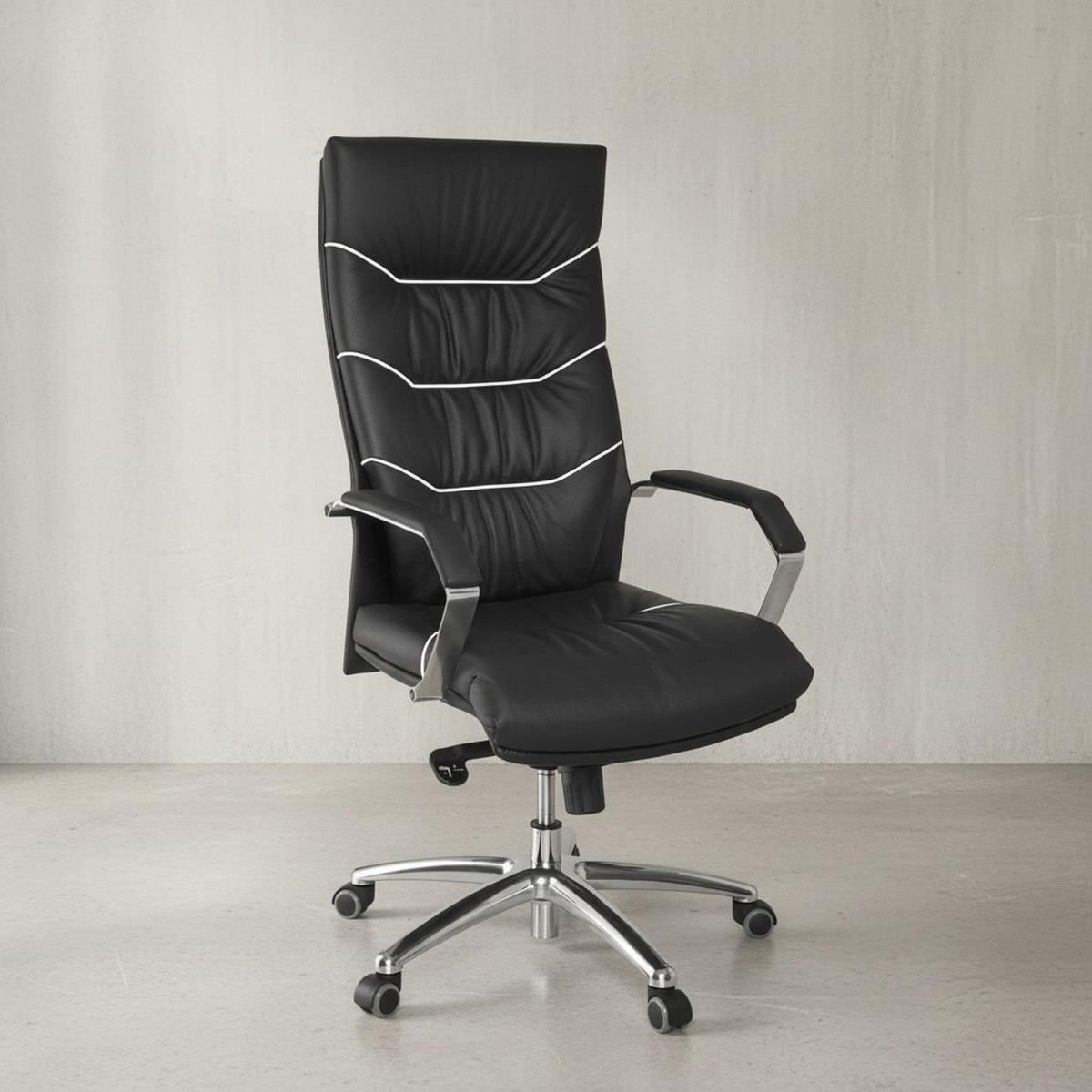 CHEFSESSEL Echtleder mit Soft-Air Polsterung und Aluminiumfußkreuz 5-Punkt-Mechanik KANZAS - Silberfarben/Schwarz, Leder (60/126/55cm) - KADIMA DESIGN