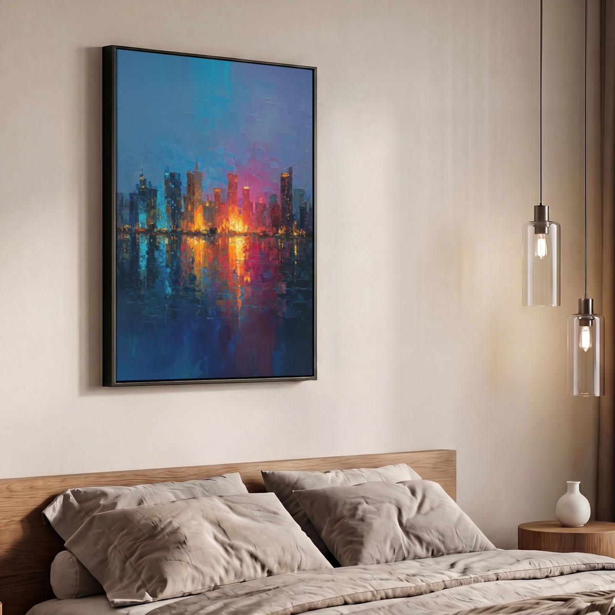 LEINWAND Bilder mit Rahmen - Skyline - Pinselstriche - Dunkelblau - Leuchtend - 70x100 - Blau, Textil (70/100cm) - MuchoWow