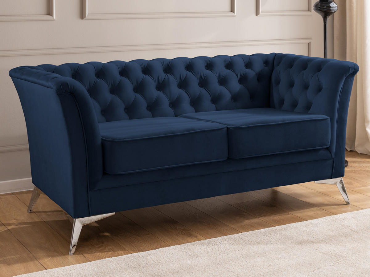 CHESTERFIELD-SOFA 2-sitzer Whitby Marineblau Samt mit silbernen Füßen - Silberfarben/Dunkelblau, Holz/Textil (175/78/82cm) - S-Style Möbel