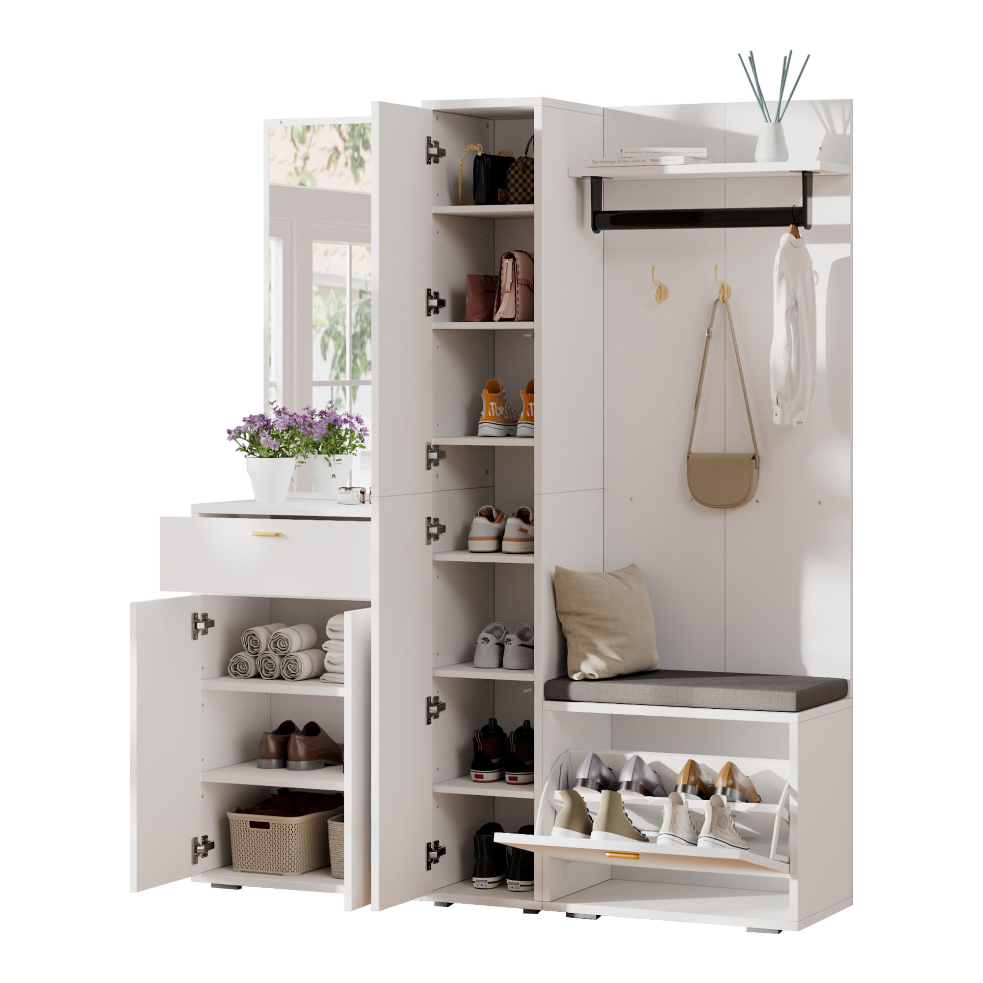 GARDEROBE Weiß Spiegel Bank 3 Türen Schuhregal 150x36x180cm - Weiß, Holzwerkstoff (150/180/36cm) - FLIEKS