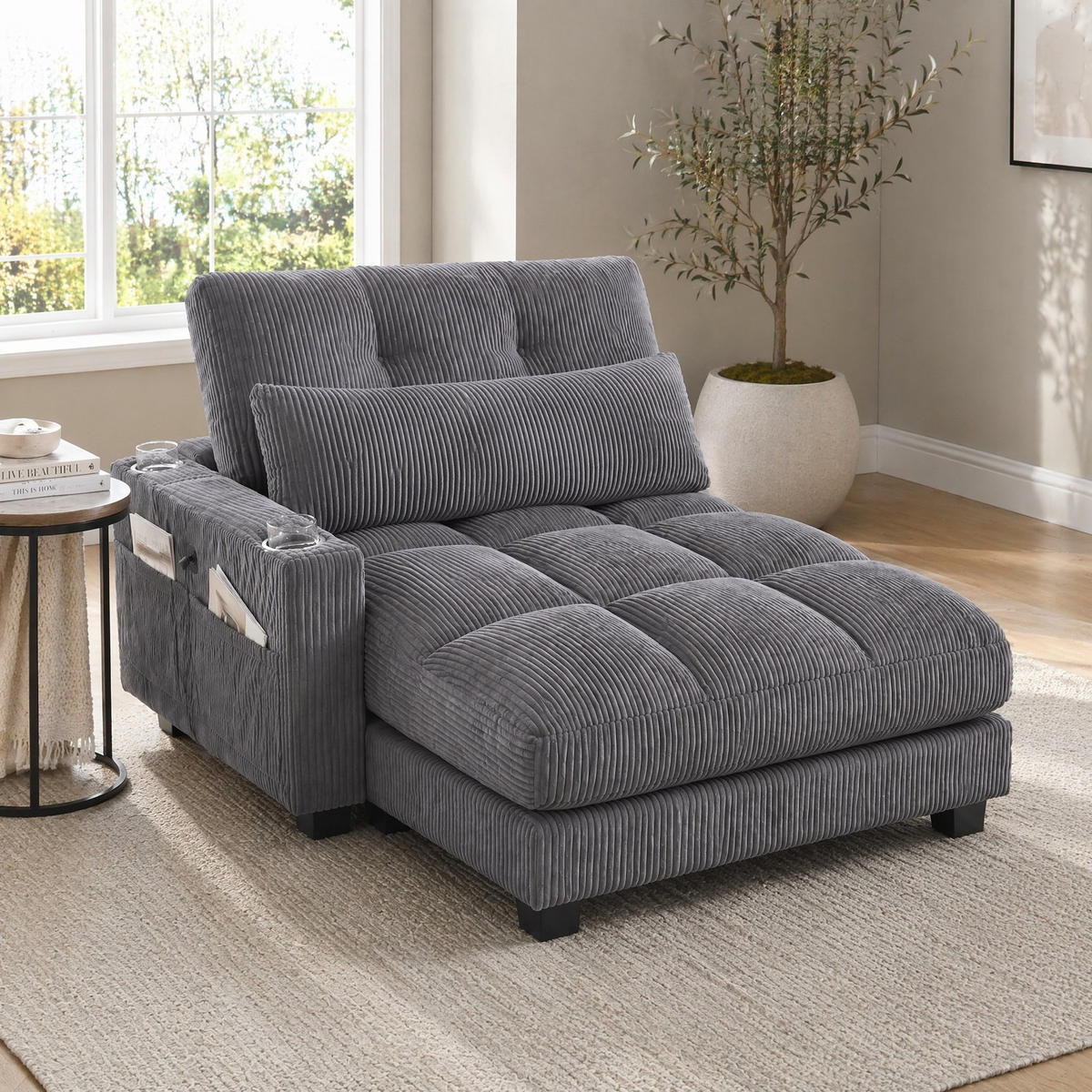 SESSEL 1-Sitzer in Grau aus Cord 140/112/81 cm mit USB - Schwarz/Grau, Holzwerkstoff/Kunststoff (112/81/140cm) - CHICFURN