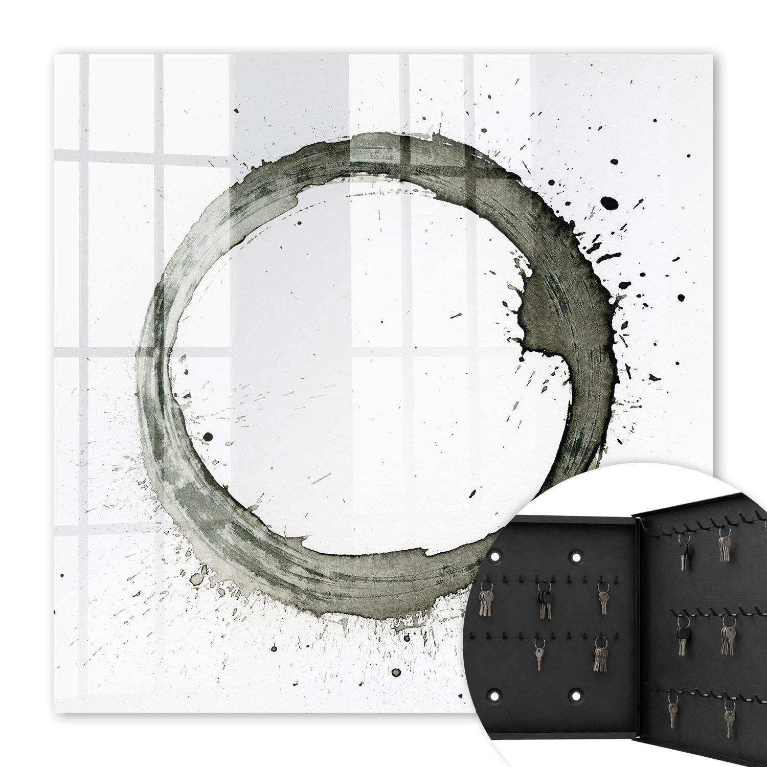SCHLÜSSELBOX Schwarz 30x30 cm- Türöffnung nach rechts - Zen-Kreis - Weiß, Metall (30/30/5cm) - TULUP