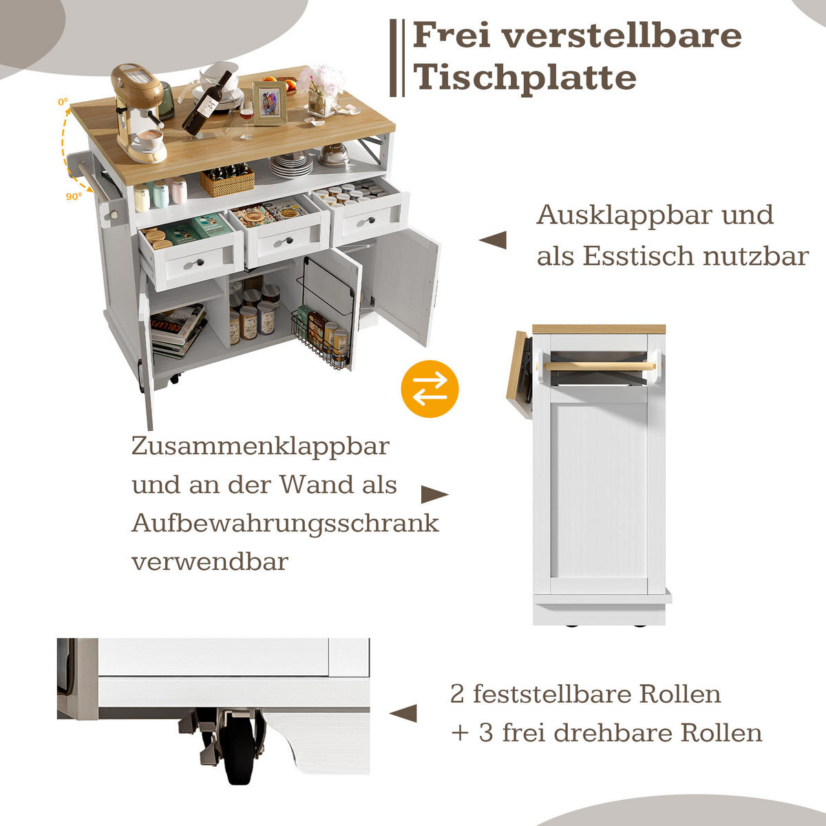 KÜCHENINSEL 118x43x98cm Weiß MDF/Metall mit 3 Schubladen & Rollen - Weiß, Holzwerkstoff (118/98/43cm) - Modfu