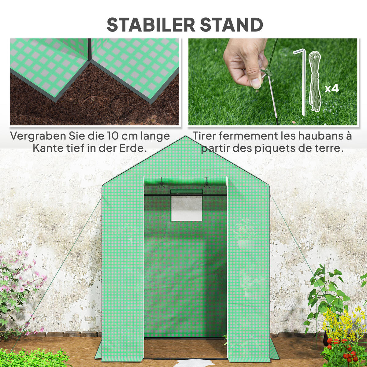 GEWÄCHSHAUS, 143L x 74B x 190H cm - Grün, Kunststoff/Metall (74/190/143cm) - Outsunny