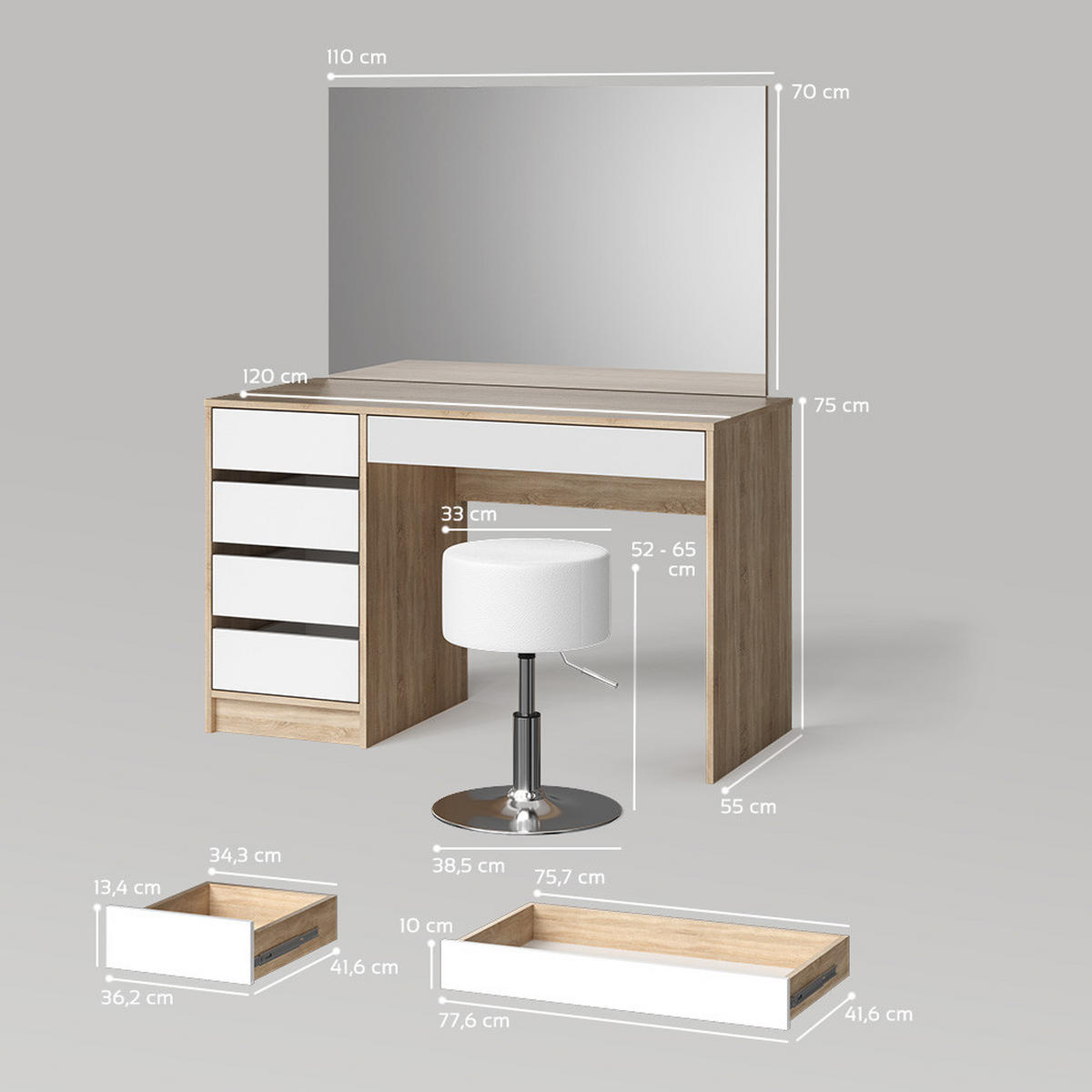 SCHMINKTISCH Imola Weiß/Sonoma 120 cm mit Hocker - Weiß/Sonoma Eiche, Holzwerkstoff (120/75/55cm) - Livinity®