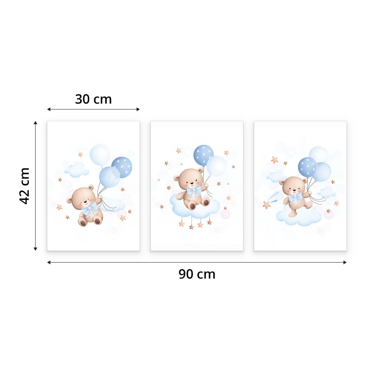 SADA PLAGÁTOV Do Detskej Izby Mackovia Modré Balóny Oblaky Hviezdy 3x Plagát A3 30 x 42 cm - hnedá/žltá, papier (30/42/1cm) - Muralo