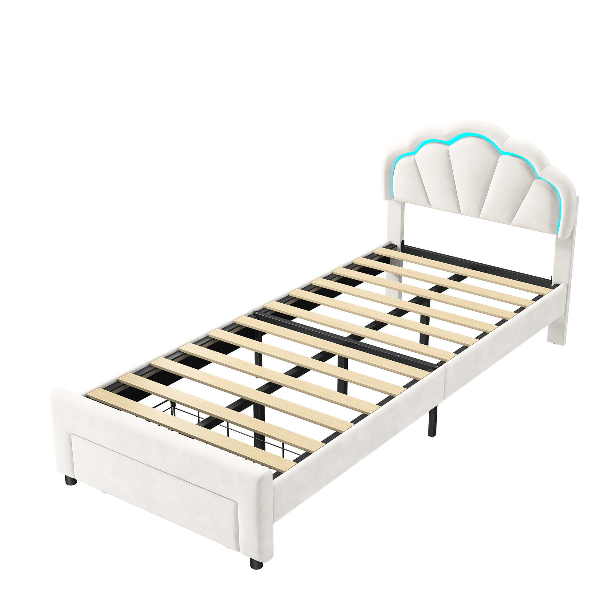 POLSTERBETT 90x200 cm LED Schubladen Lattenrost Samt Weiß - Beige, Metall (90/200cm)