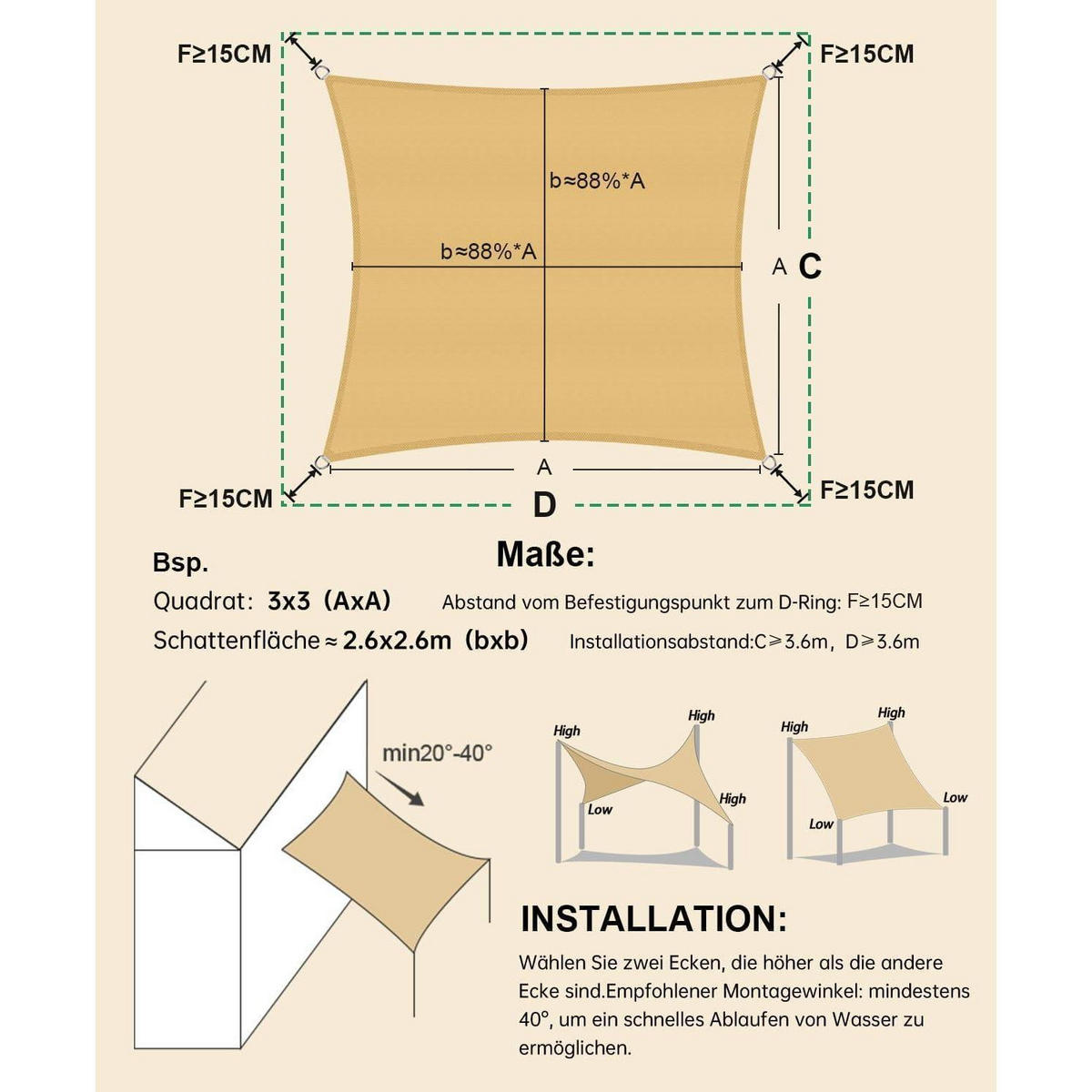 SONNENSEGEL 5 x 5 m Sandbeige Wasserdicht UV-Schutz - Sandfarben, Textil (500/500cm)