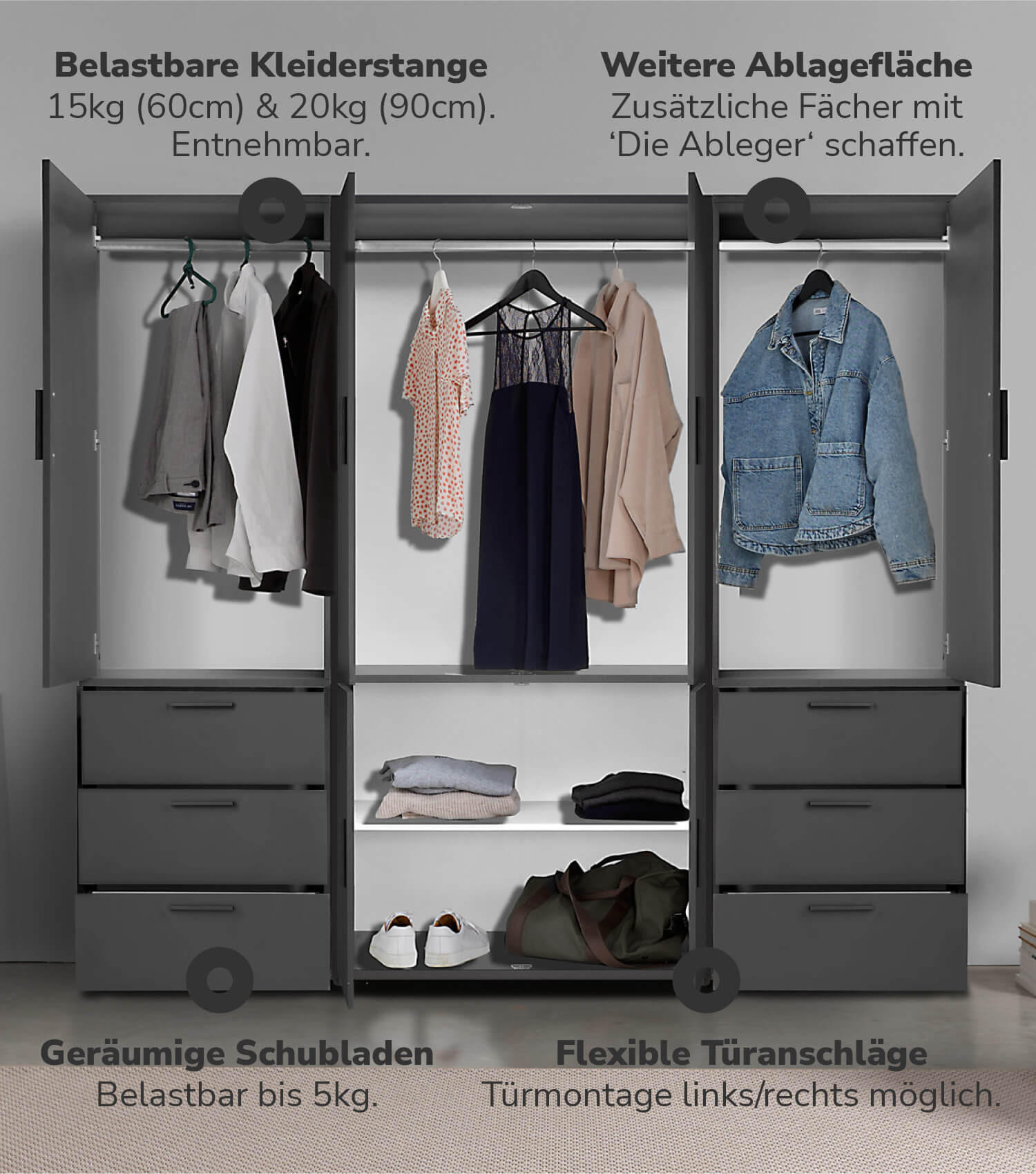 KLEIDERSCHRANK Der Grenzenlose - Anthrazit, Holzwerkstoff (210/187/58cm) - Mokebo