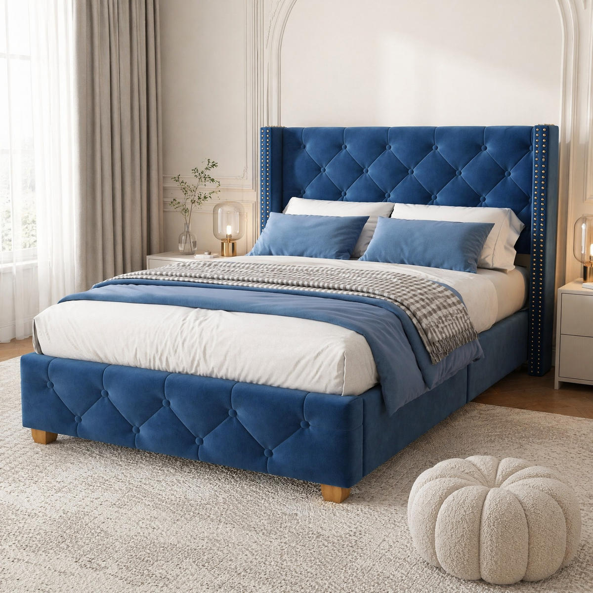 POLSTERBETT 90/200 mit Lattenrost und Knopfpolsterung in Blau - Blau, Holzwerkstoff/Textil (90/200cm) - EVRYAE
