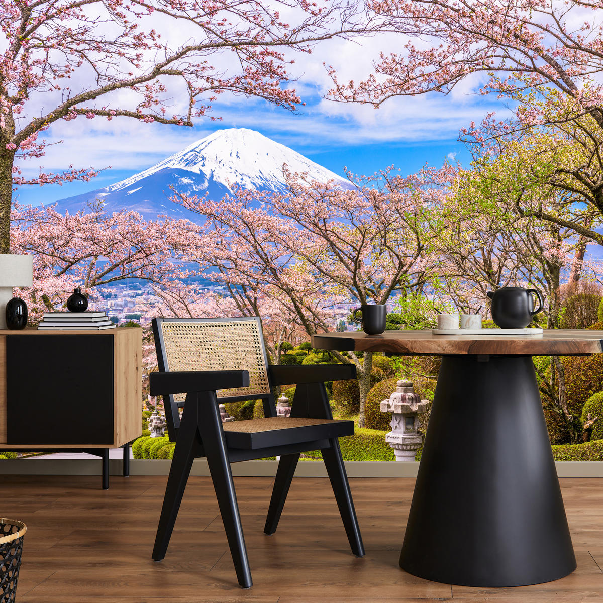 FOTOTAPETE für Wohnzimmer Peace Park Fuji View Kirschblüten 150x105 - Rosa/Braun, Papier (150/105cm) - Muralo