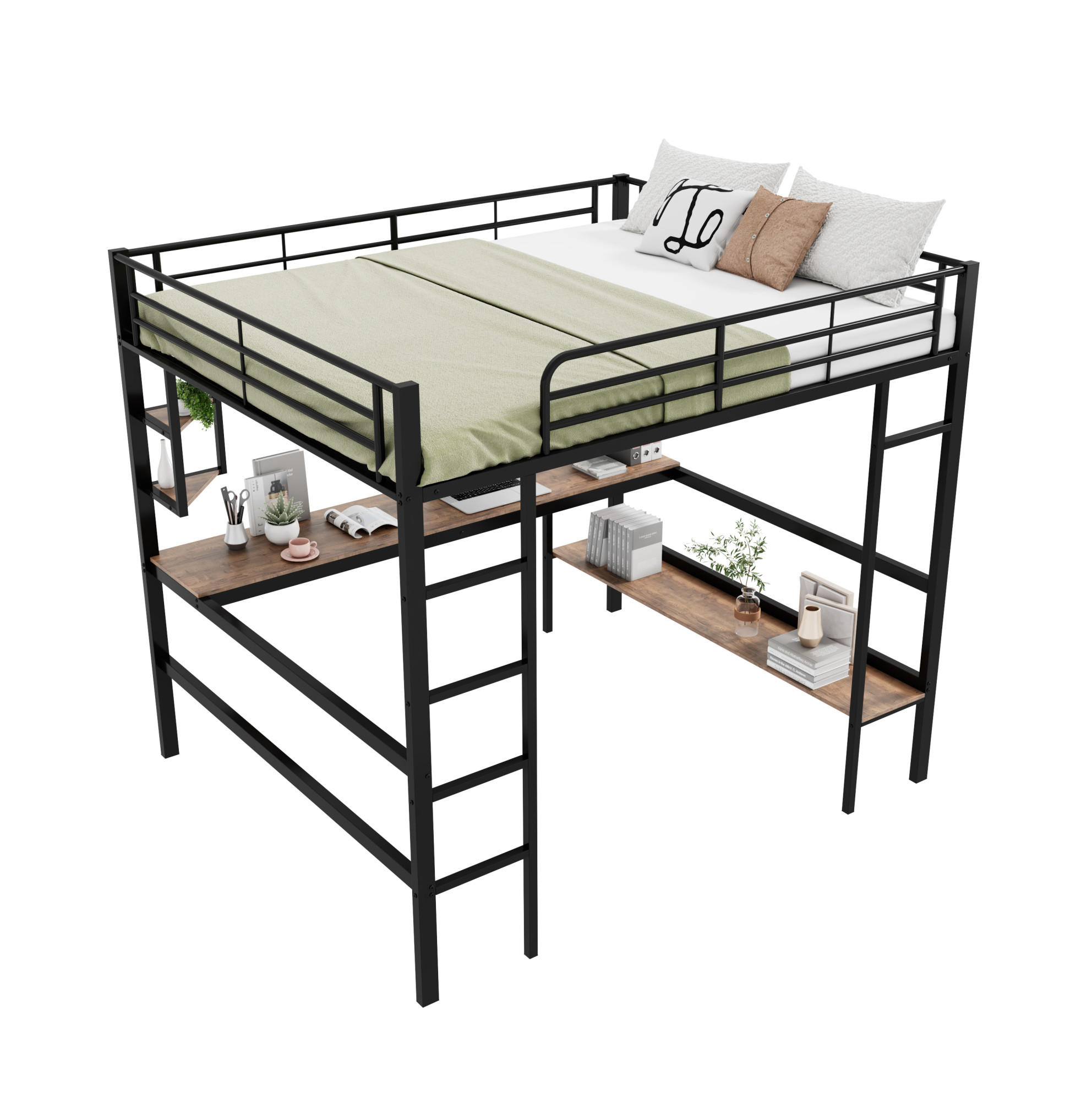 HOCHBETT 140/200 cm Schwarz aus Metall und MDF mit Schreibtisch und Regalen - Schwarz, Metall (140/200cm) - OKMYHOME