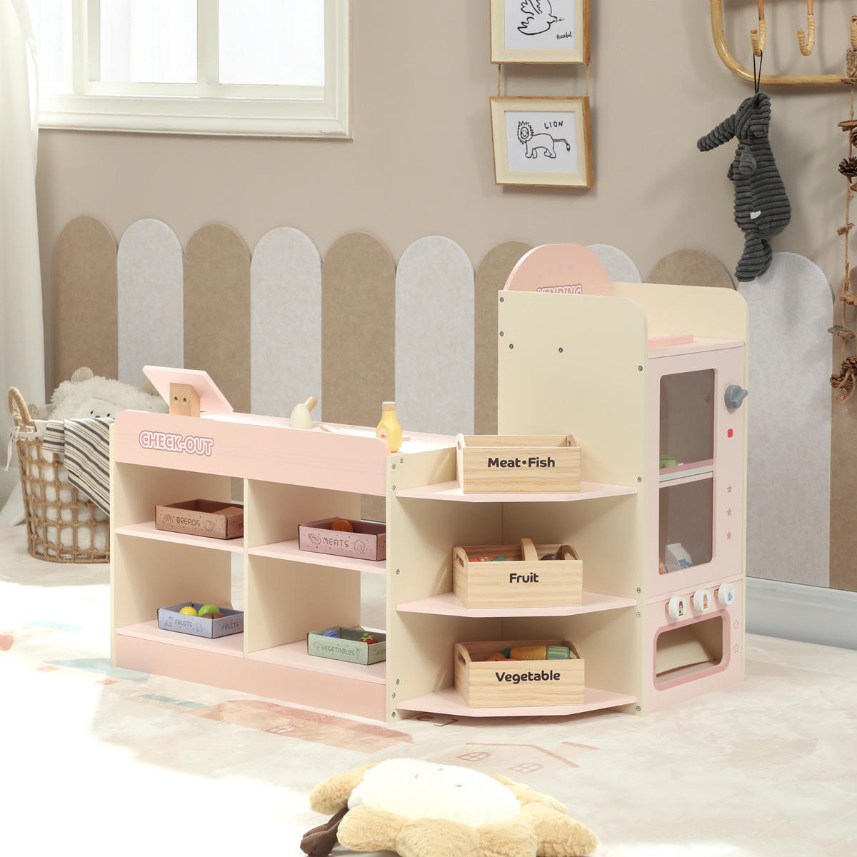 SPIELSUPERMARKT DE-18739 mit Kasse, Waage & Kühlschrank Grün - Pink, Holzwerkstoff (60/73.8/90.7cm) - ComfortXL