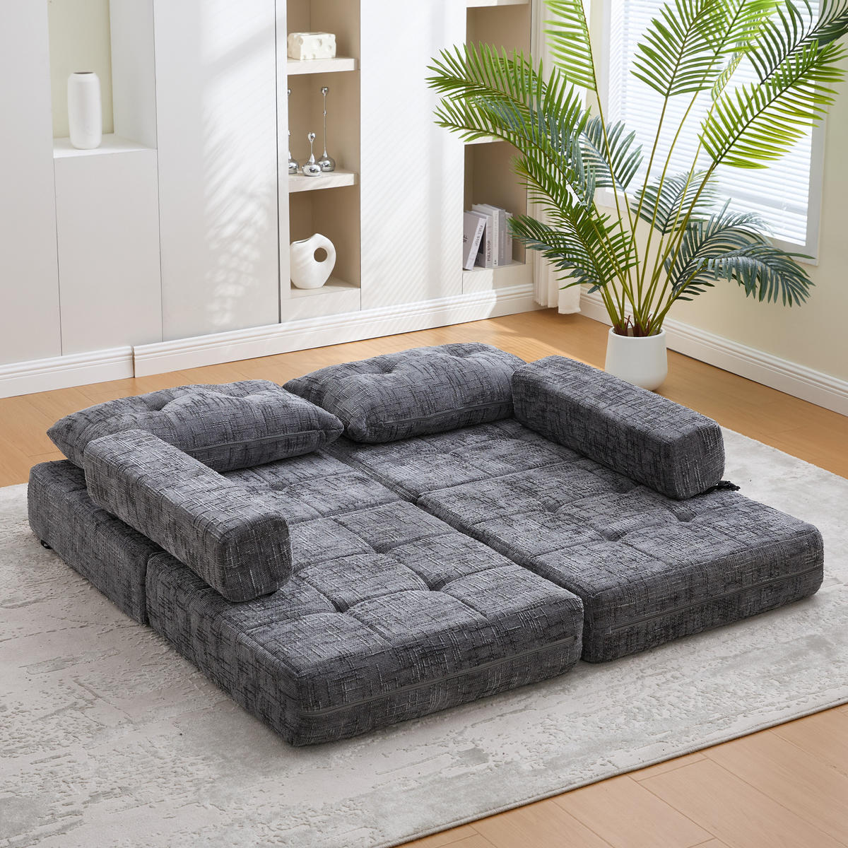 SCHLAFSESSEL Grau mit Kopf- und Lumbalkissen, Chenille - Grau, Textil/Metall (79/57/79cm) - CHICFURN