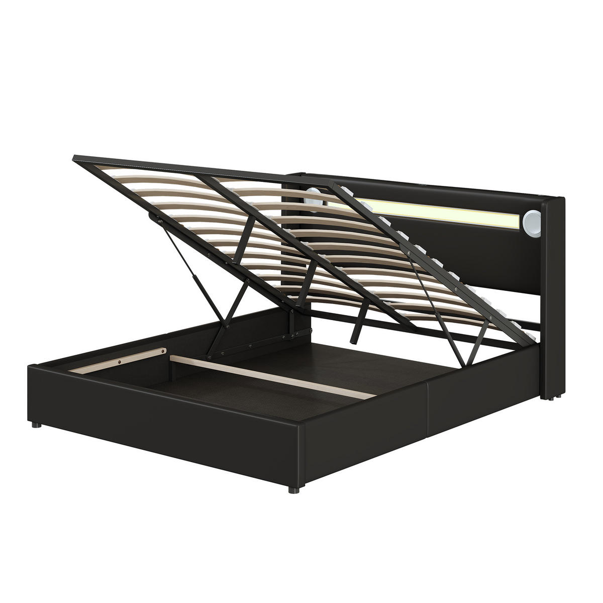 POLSTERBETT 160/200 cm schwarz mit LED-Beleuchtung und Bluetooth-Player - Schwarz, Kunststoff (160/200cm) - OKWISH