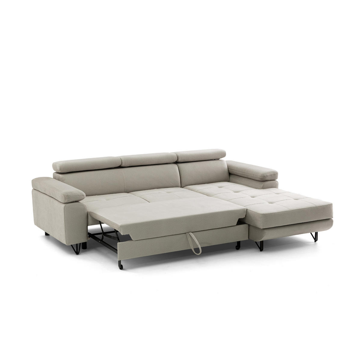 ECKSOFA NORIS L Rechts mit Schlaffunktion 128x203 Velours Beige - Beige/Schwarz, Holz/Textil (183/250cm) - Muffo