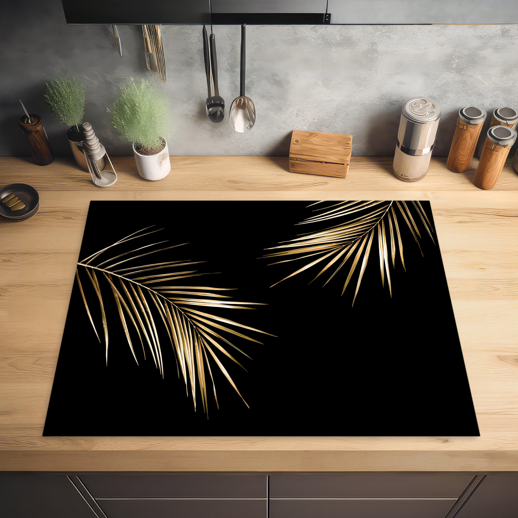 HERDABDECKPLATTE Blätter - Pflanzen - Gold - Schwarz - Luxus 77x59 cm - Goldfarben, Kunststoff (77/0.2/59cm) - MuchoWow