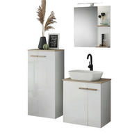 BADMÖBEL-SET weiß Hochglanz Lack, Eiche, Badkombination MIT Waschbecken, Badlampe 130 x 200 cm hängend, stehend - Weiß Hochglanz/Eichefarben, Holzwerkstoff (130/200/40cm) - Furn.Design