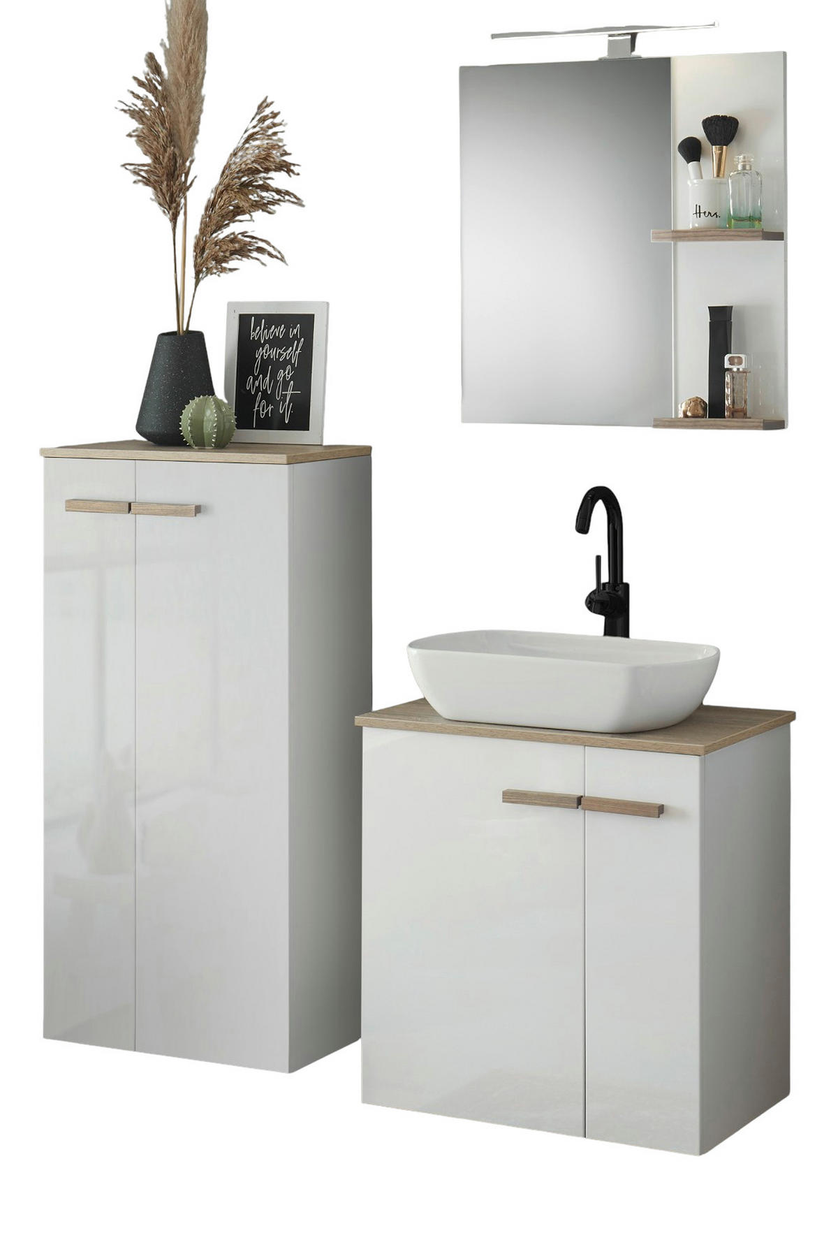 BADMÖBEL-SET weiß Hochglanz Lack, Eiche, Badkombination MIT Waschbecken, Badlampe 130 x 200 cm hängend, stehend - Weiß Hochglanz/Eichefarben, Holzwerkstoff (130/200/40cm) - Furn.Design