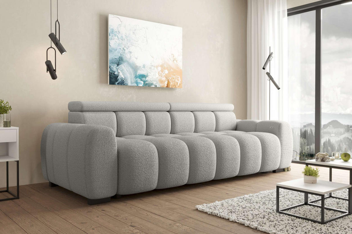 BIGSOFA ALESSIO Bouclé-Stoff Grau mit elektrischer Sitztiefenverstellung - Grau, Kunststoff/Textil (248/77/108cm) - 99rooms