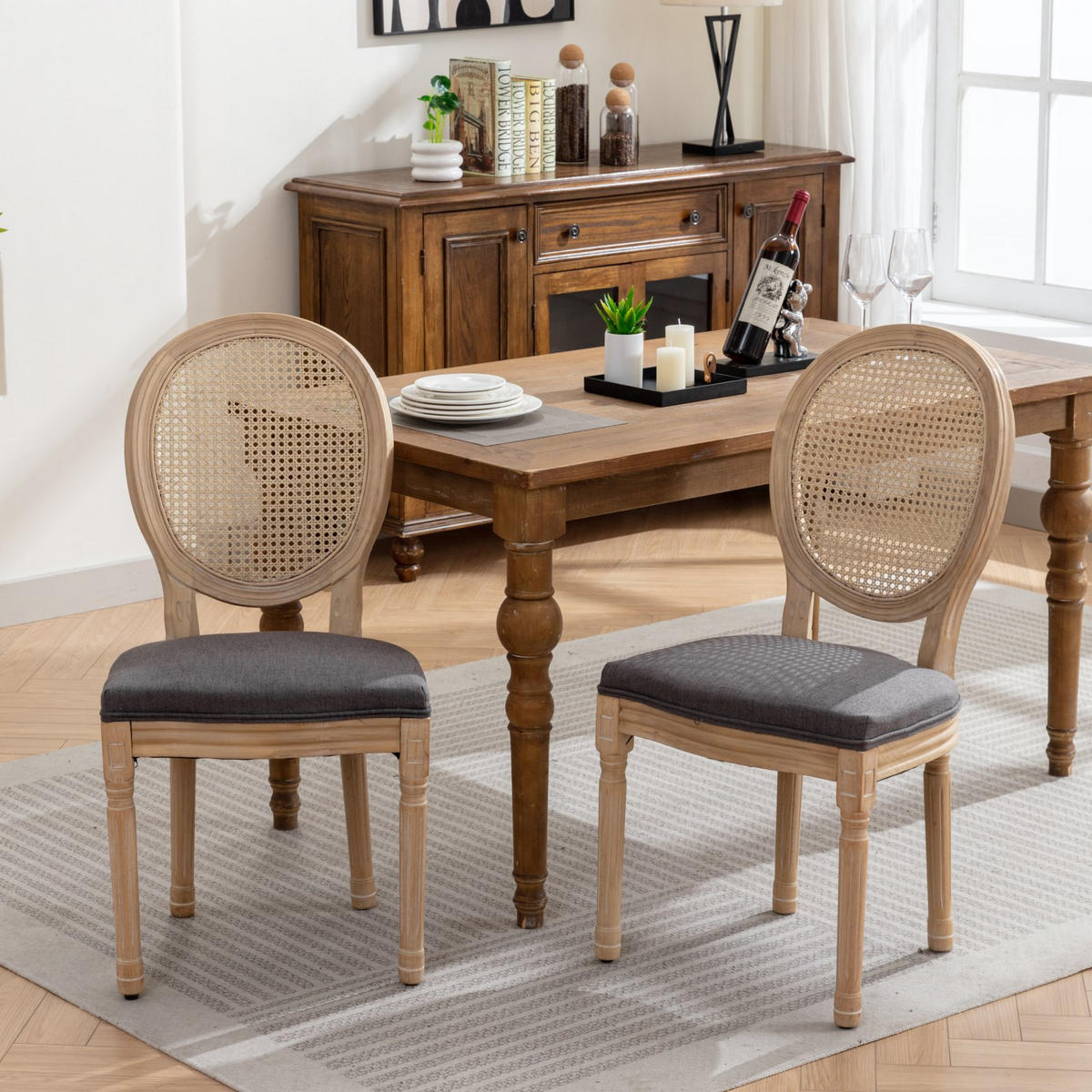 ESSZIMMERSTÜHLE 2er Set Medaillonstuhl mit Wiener Geflecht, Grau - Beige/Naturfarben, Holz (49/95/59.5cm) - LVHOM