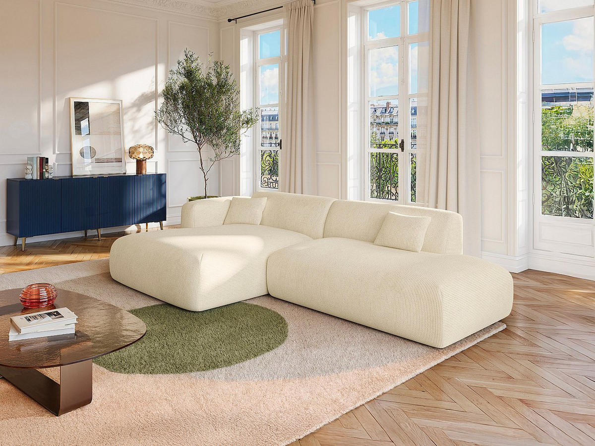 ECKSOFA - Ecke links - offenes Ende - Samt-Stoff - Off-White - POGNI - Weiß, Textil (300/160cm) - Vente-Unique