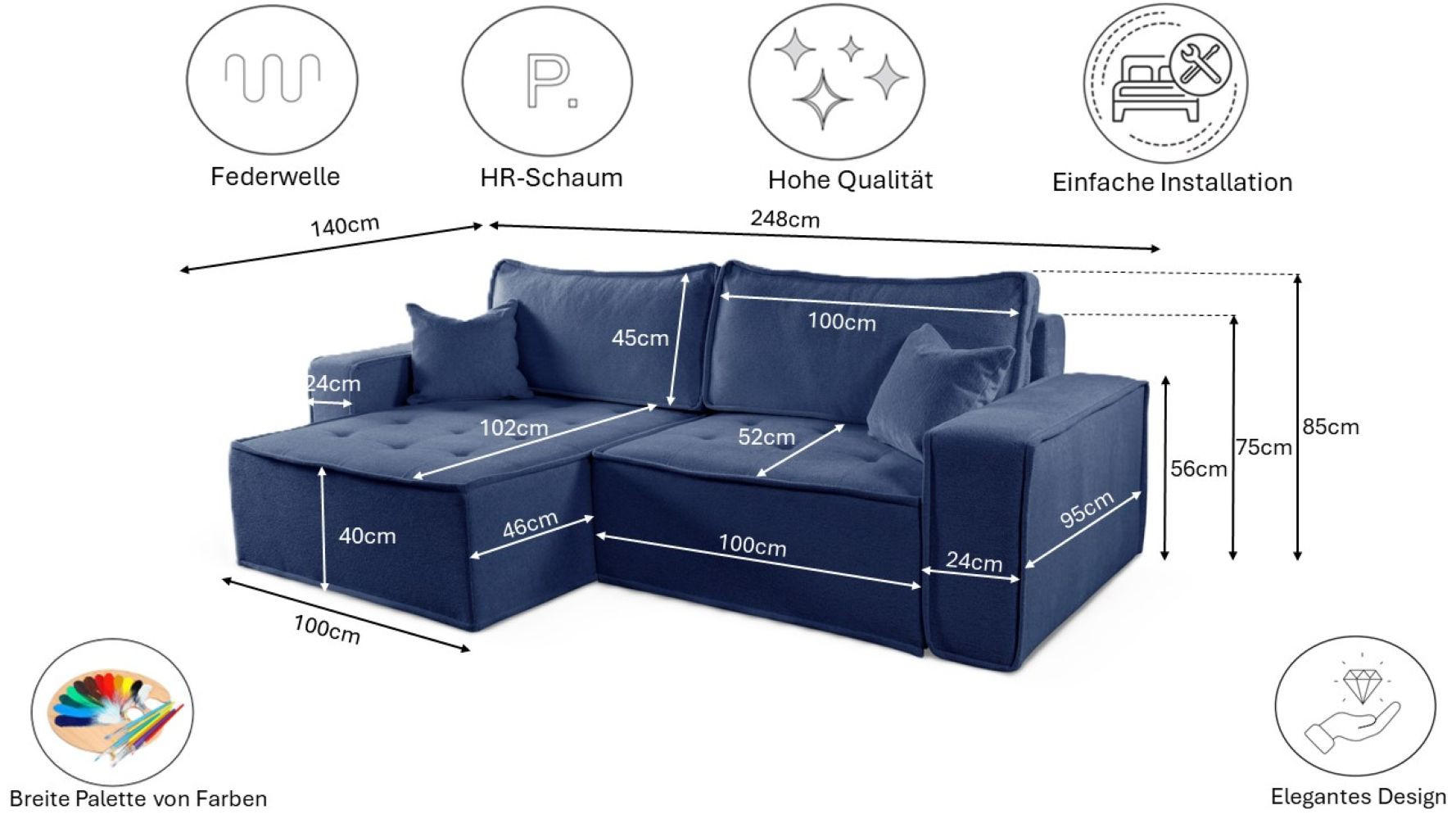 ECKSOFA Bohoo Mit Schlaffunktion Blau Rechts - Blau, Holz (248/140cm) - Kaiser Möbel