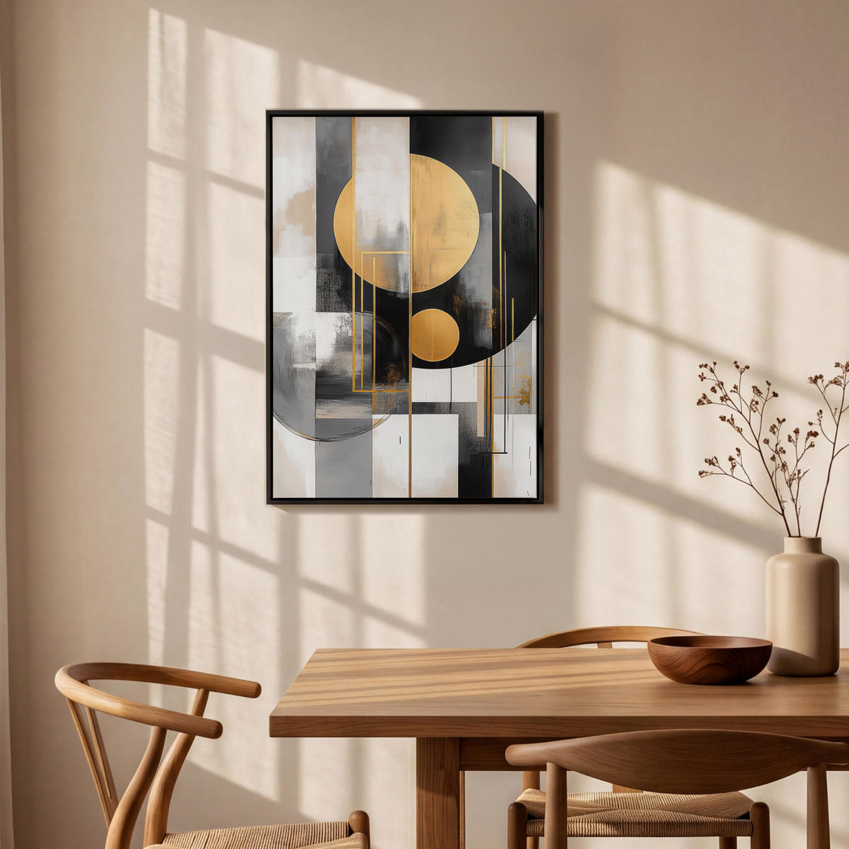 LEINWAND Bilder mit Rahmen - Abstrakt - Gold - Silber - Formen - Ästhetisch - Modern - 60x90 - Goldfarben, Textil (60/90cm) - MuchoWow