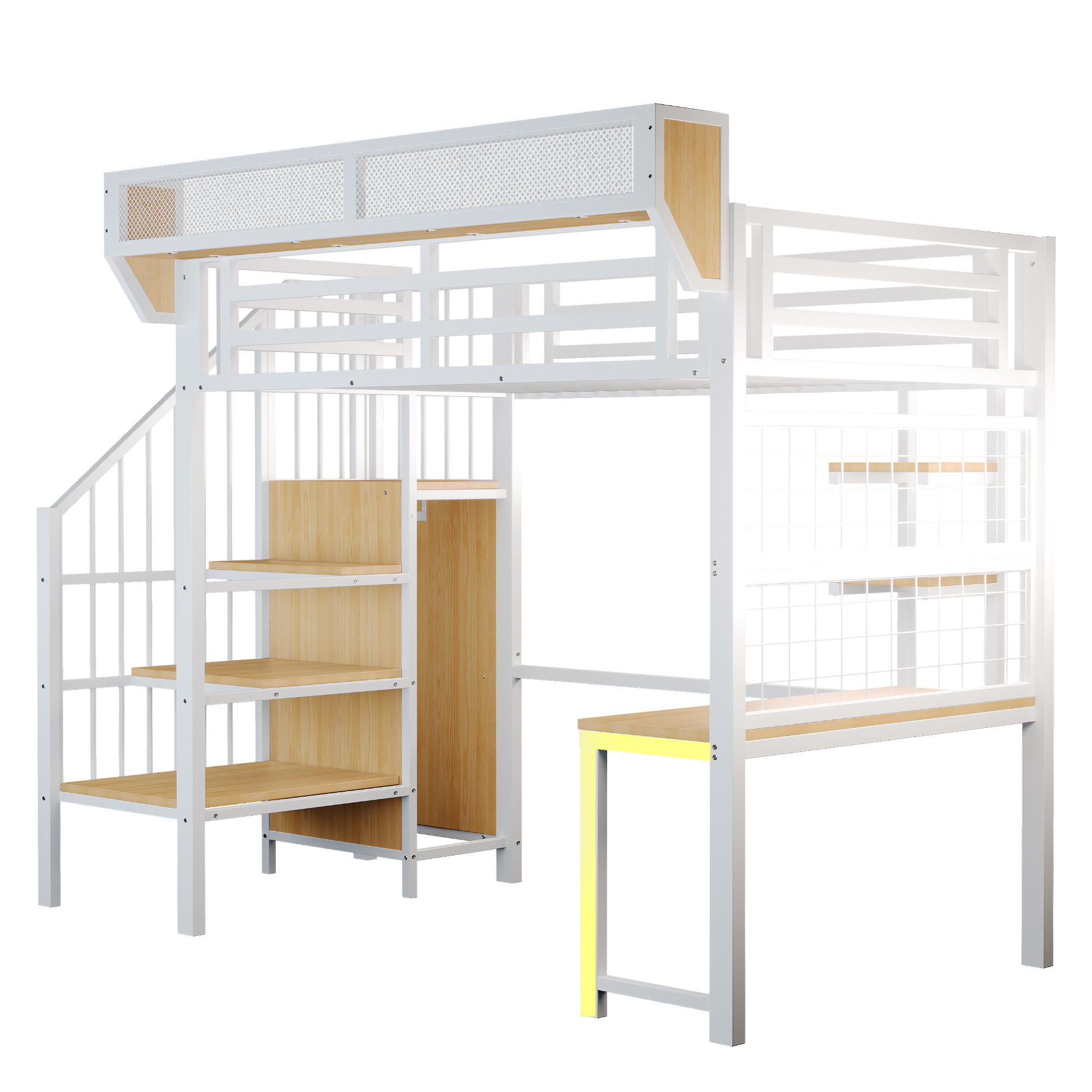 HOCHBETT 90/200 cm DE-01538, in Weiß, mit Schreibtisch, LED-Beleuchtung und Steckdose - Weiß, Metall (90/200cm) - ComfortXL