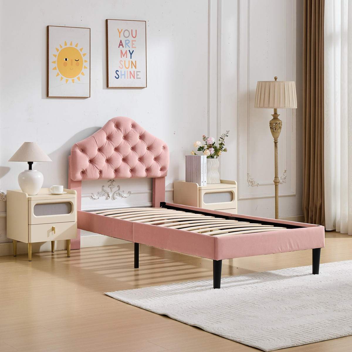 BETT mit verstellbarem Kopfteil 90x200 cm Samt Pink - Rosa, Holzwerkstoff (90/200cm) - Meubliv