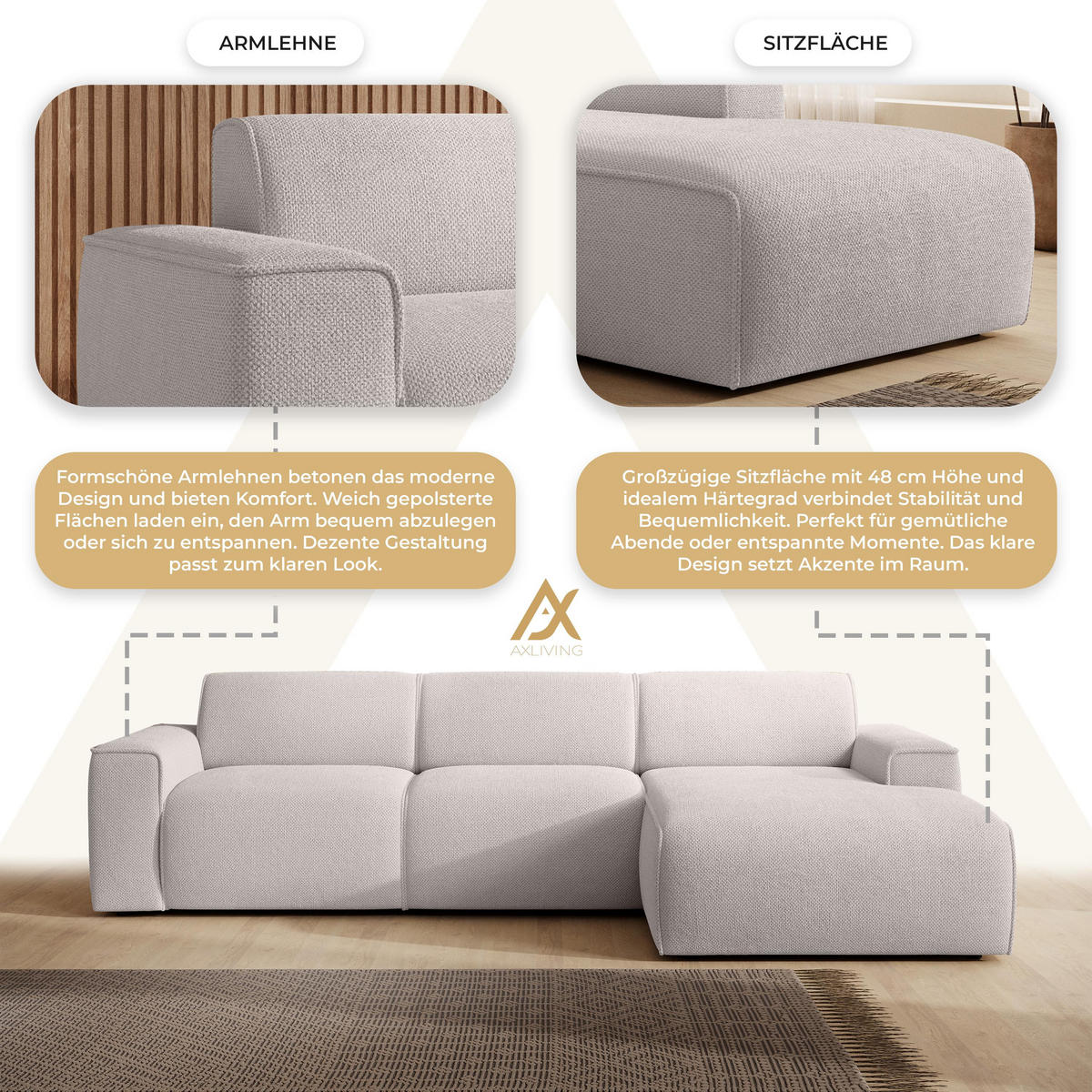 ECKSOFA L Form Didim mini Taupe 310/165/78 cm – stilvolle kleine Eckcouch R - Taupe/Schwarz, Kunststoff/Textil (310/165cm) - AX Living