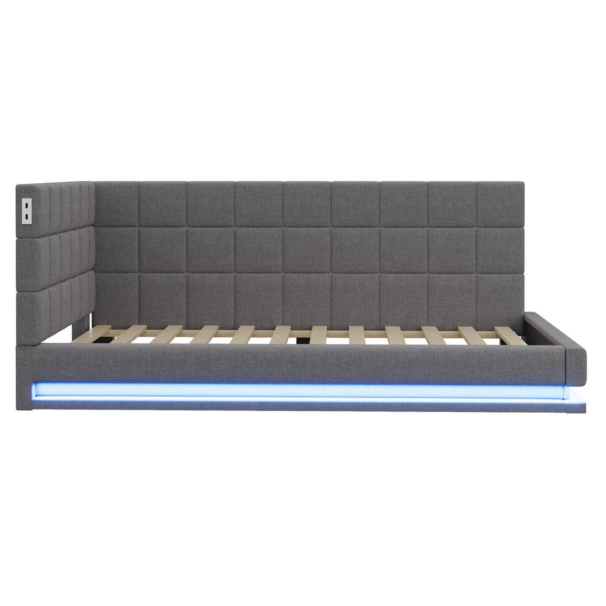 POLSTERBETT 90/200 cm grau aus Leinen mit LED-Lichtleiste und USB-Steckdose - Grau, Textil (90/200cm) - OKMYHOME