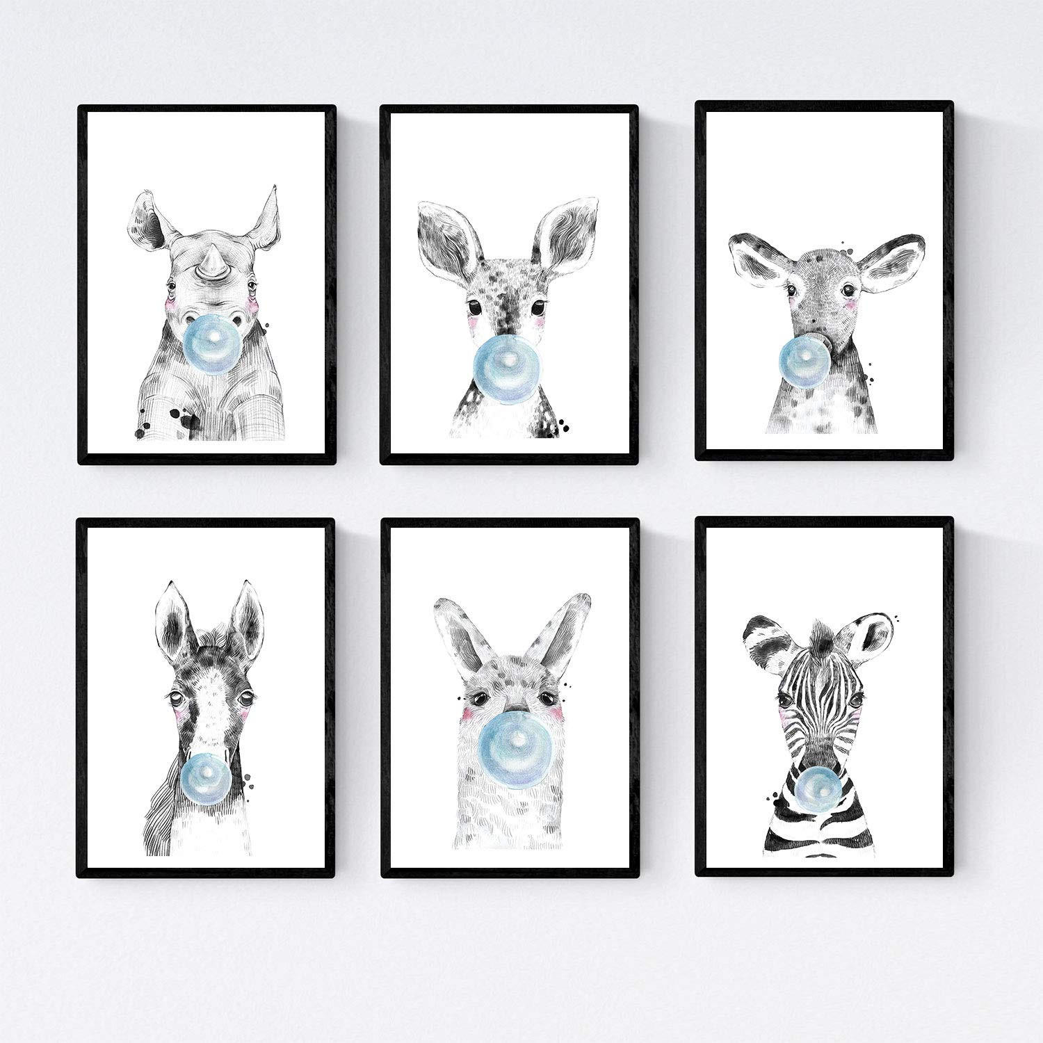 POSTER Set Mit 6 September Babytiere Mit Bubblegum Zebra Rino Deer Cowhorse Llama - Schwarz, Papier (29/3cm) - Nacnic