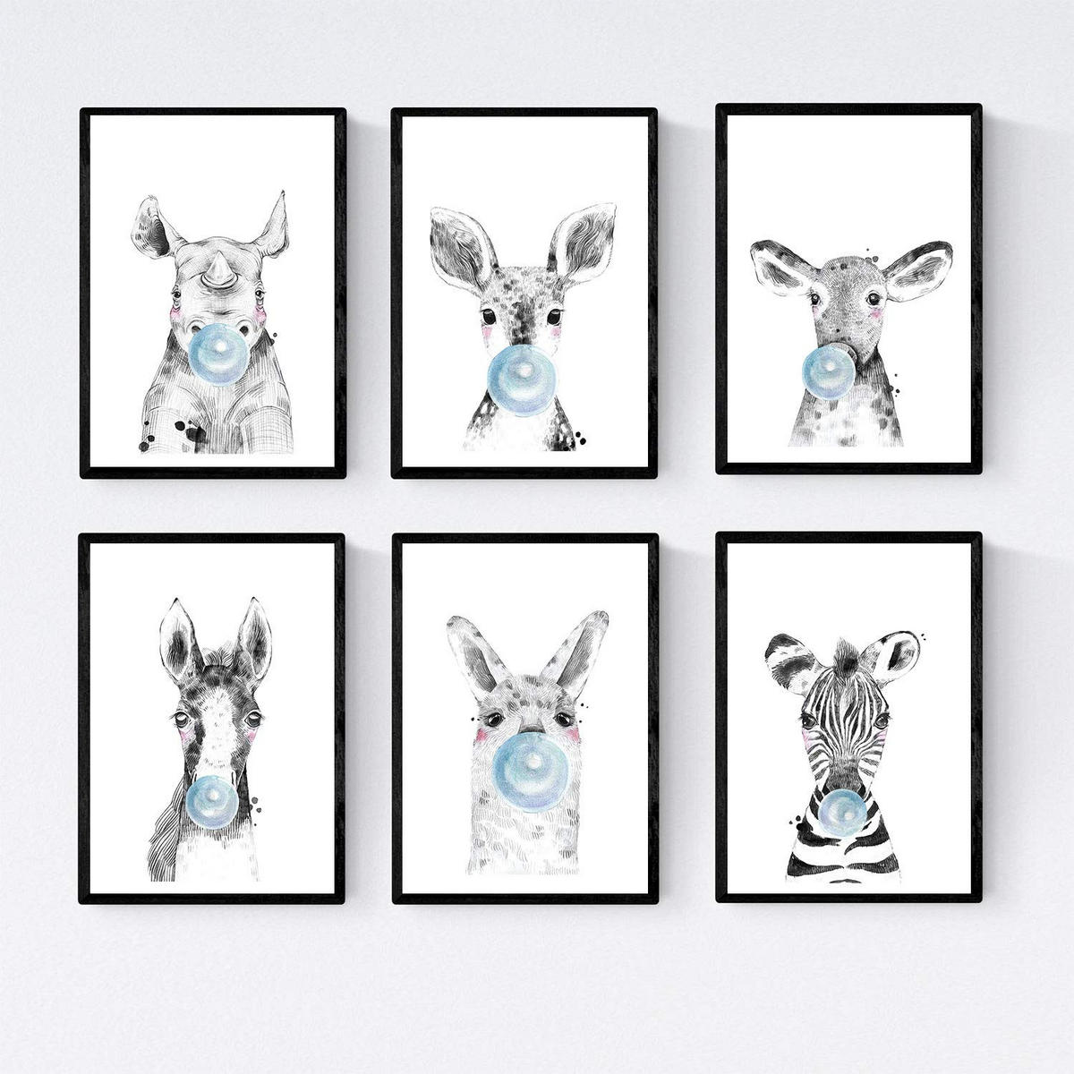 POSTER Set Mit 6 September Babytiere Mit Bubblegum Zebra Rino Deer Cowhorse Llama - Schwarz, Papier (29/3cm) - Nacnic