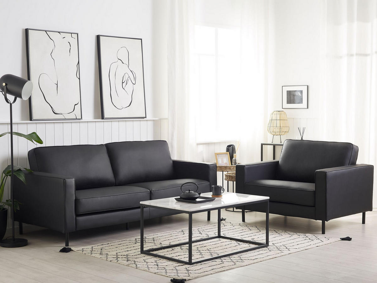 SOFA-SET 4-sitzer Leder Schwarz Savalen - Schwarz, Leder (204/87/91cm) - Beliani