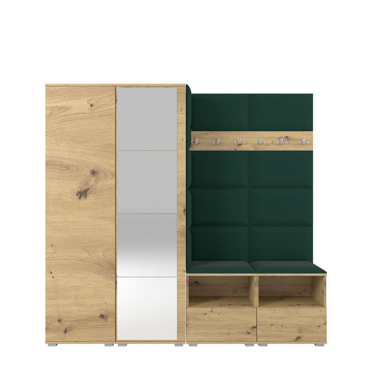 GARDEROBE NELA VI 200 cm (Modulare Flurmöbel Artisan Eiche mit Spiegel & Sitzpolster Flaschengrün 28 Universell) - Dunkelgrün/Silberfarben, Holz/Holzwerkstoff (200/187/40cm) - Ravio