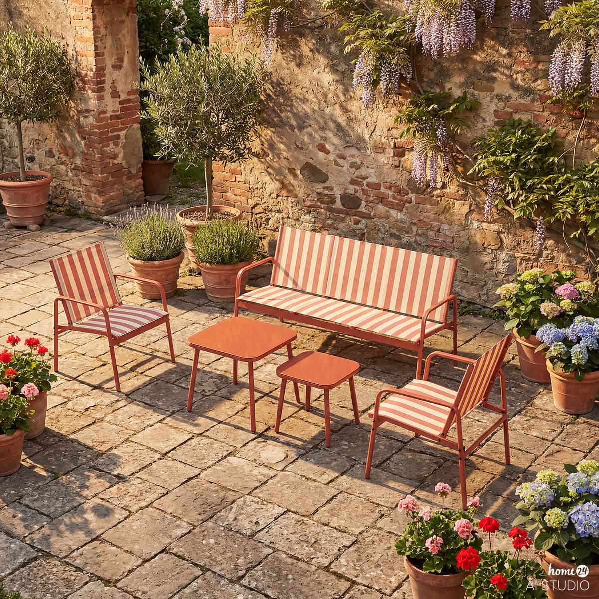 SITZGRUPPE - 5-teilig - Stahl - Rot/Weiß, Glas/Textil - home24