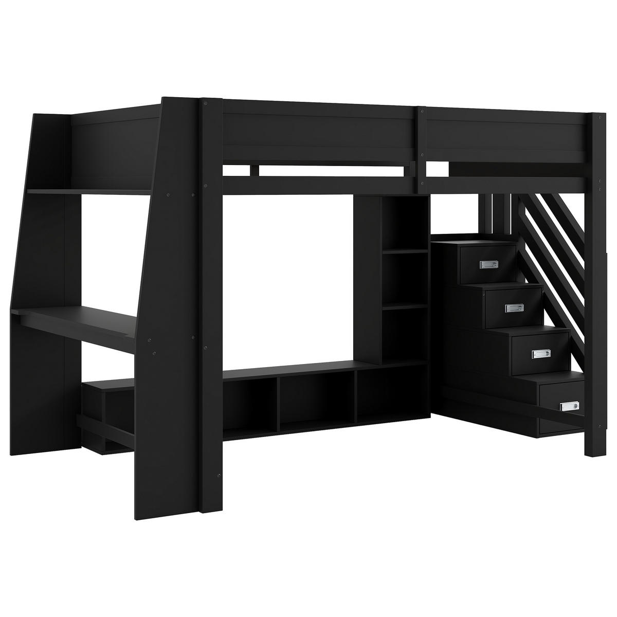 HOCHBETT 140/200 cm in Schwarz mit Schreibtisch, LED und Stauraumtreppe - Schwarz, Holz/Holzwerkstoff (140/200cm) - WISHDOR