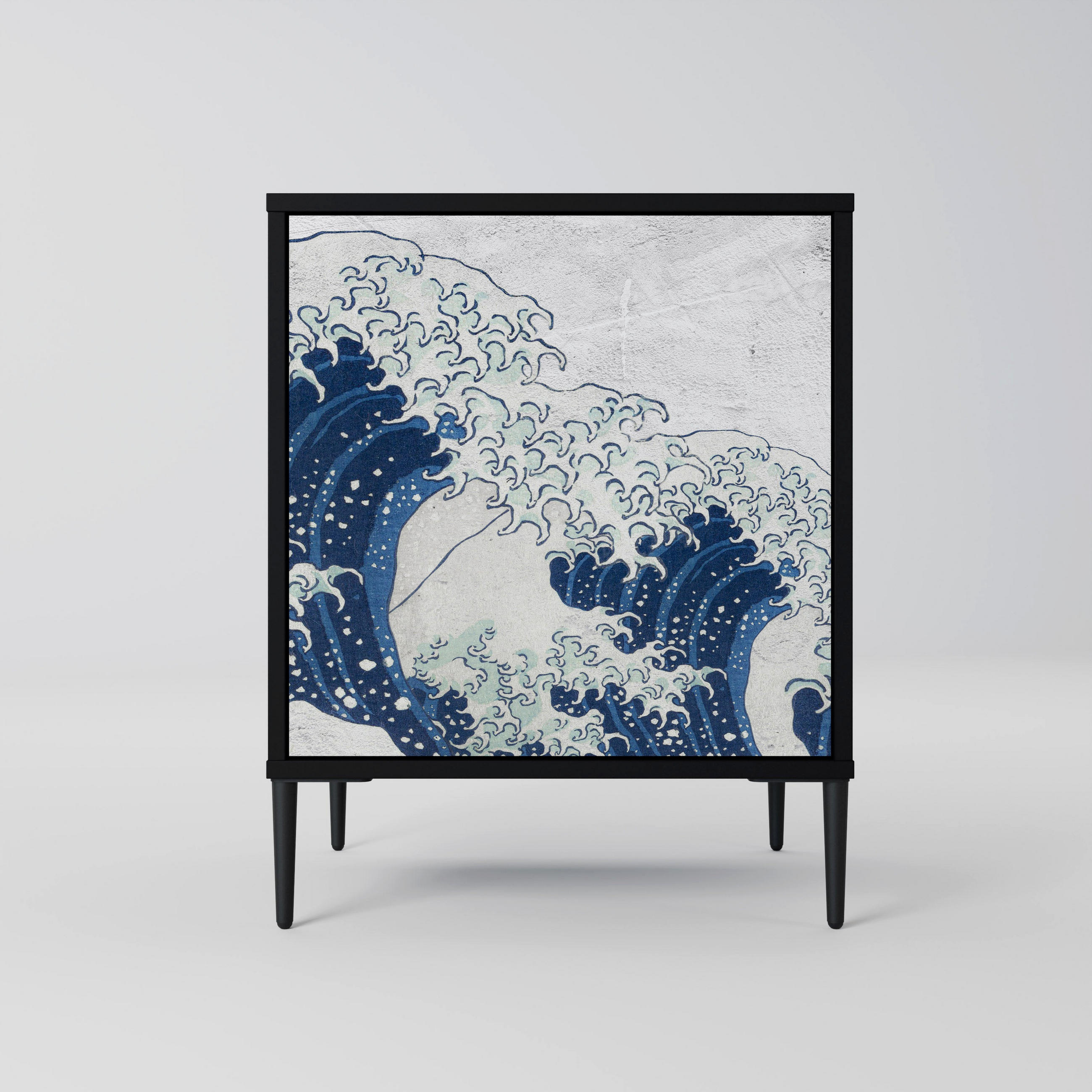 SIDEBOARD THE GREAT WAVE AT KANAGAWA, Schwarz, 57,5x42x72,5 cm, Schwarze Metallfüße - Multicolor/Schwarz, Holzwerkstoff/Metall (57.5/72.5/42cm) - SpaceRebels