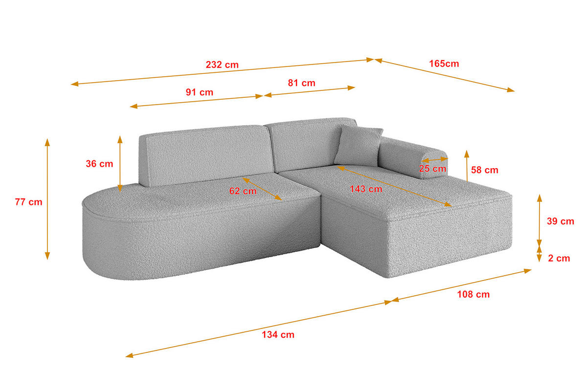 ECKSOFA Ottomane Rechts IREA-L1-v3 - 232x165x77 cm Hellgrau - Hellgrau, Holzwerkstoff/Textil (232/165cm) - ALTDECOR