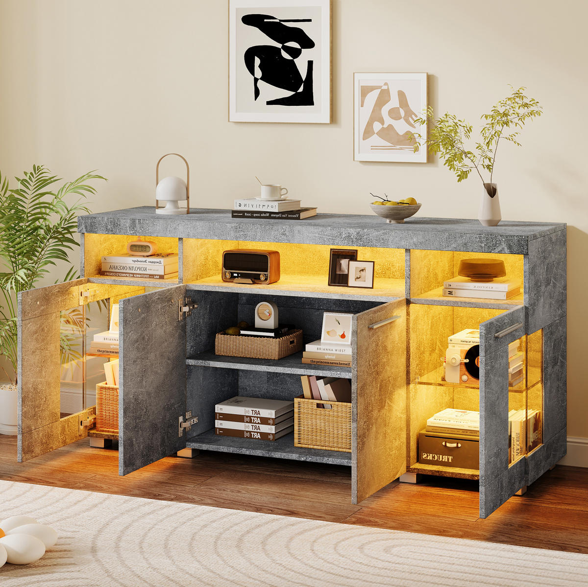 SIDEBOARD 140/40/70 cm zementgrau aus MDF mit LED und Glastüren - Grau, Holzwerkstoff (140/70/40cm) - OKWISH