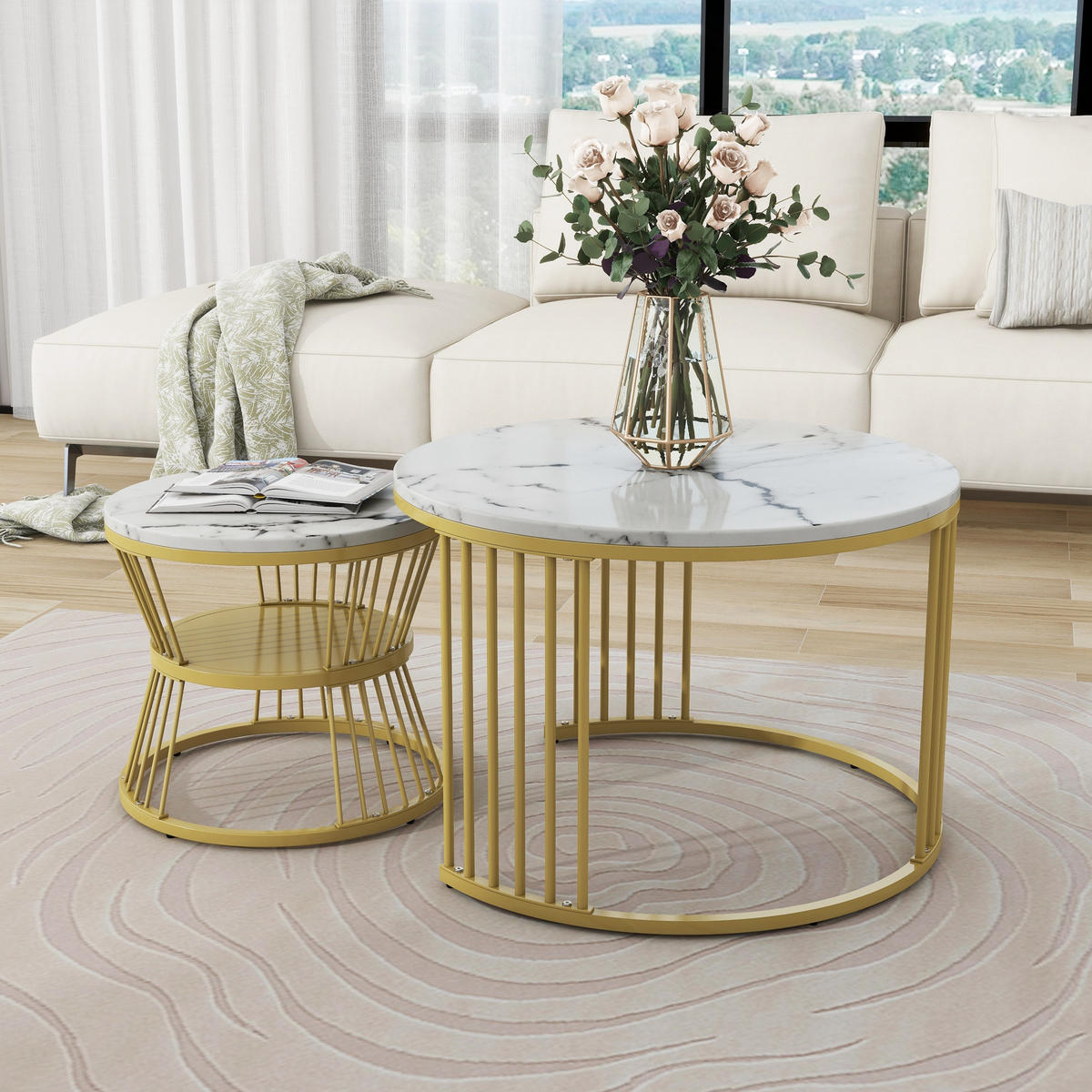 COUCHTISCH 2-teiliges Set 70/70/47 cm und 45/45/40 cm Weiß Stapelbar mit Stahlrahmen - Weiß, Holzwerkstoff (70/70/47cm) - OKWISH