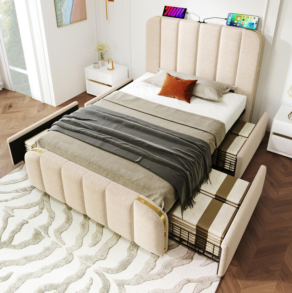 POLSTERBETT mit 4 Schubladen und USB/Typ-C 90x200 cm Beige Leinen - Beige, Metall (90/200cm) - Meubliv