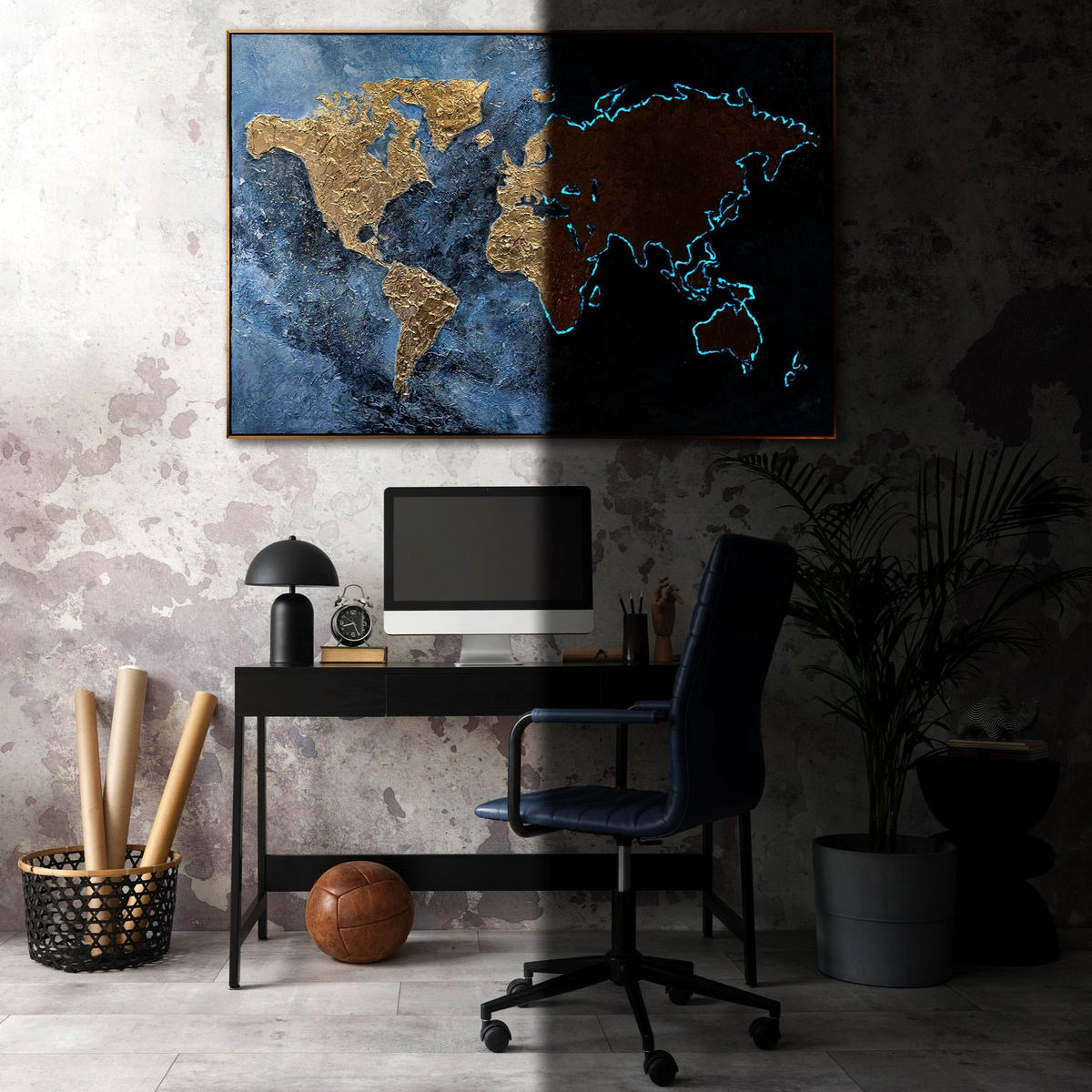 GEMÄLDE Magische Karte Schattenfugenrahmen Schwarz-Gold 140x100 cm - Schwarz Hochglanz, Holz (140/100cm) - YS-art gallery