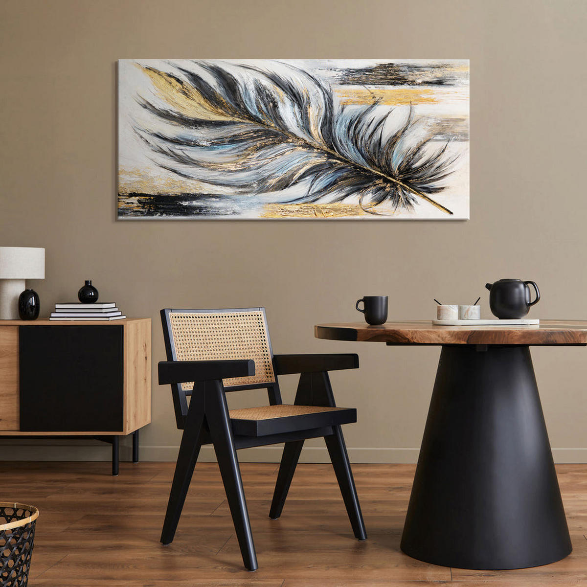 GEMÄLDE Goldene Feder auf Keilrahmen 115x50 cm - Schwarz, Holz (115/50cm) - YS-art gallery