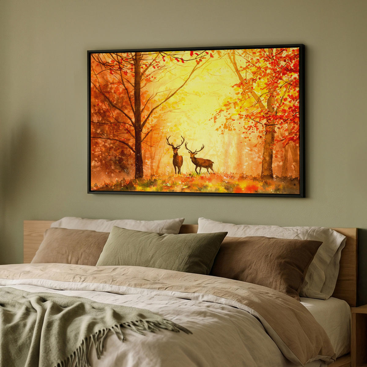 LEINWAND Bilder mit Rahmen - Natur - Ölfarbe - Hirsche - Tiere - Herbst - Orange - 90x60 - Orange, Textil (90/60cm) - MuchoWow
