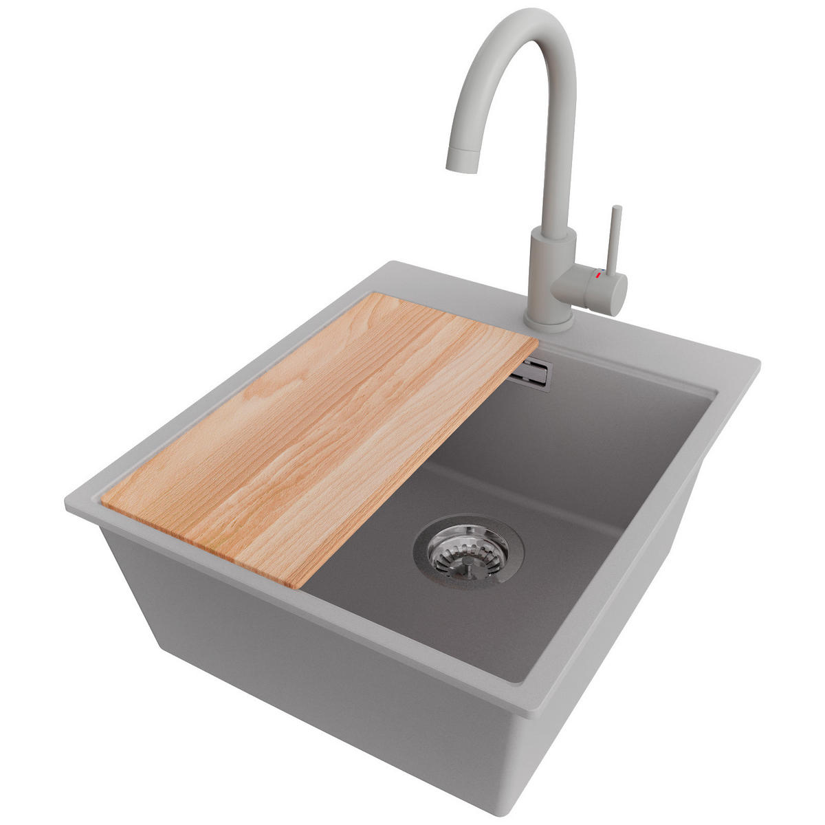 GRANITSPÜLE Oslo, 2-er set Grau 43/50 cm 1 Becken + Küchenarmatur 32/20 cm + Ablauf-Set + Schneidebrett ab 45er Unterschrank - Chromfarben/Beige, Kunststoff (43/20/50cm) - Primagran