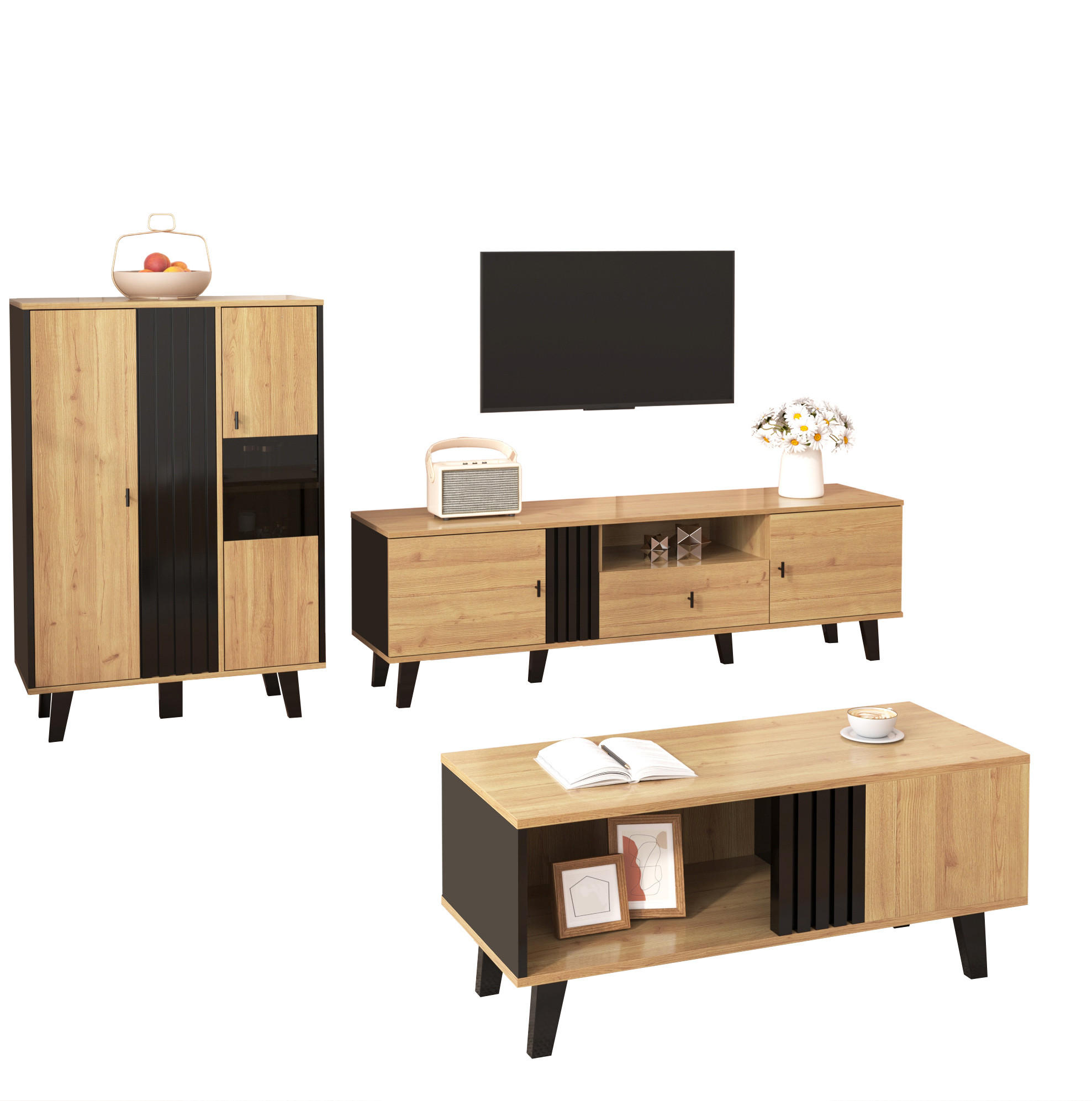 Redom TV stolek 170/40/50,5 cm s dvěma dvířky, zásuvkou a úložným prostorem, Přírodní